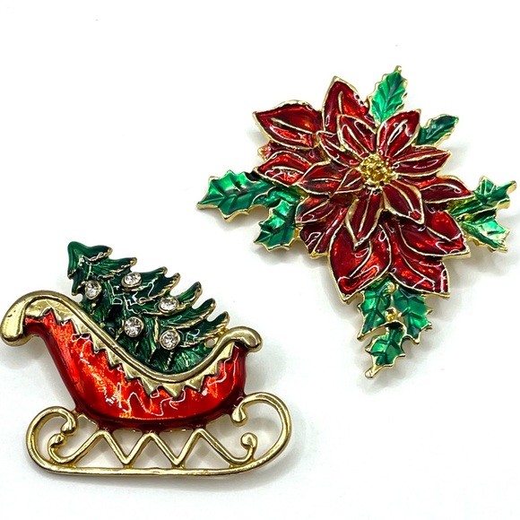 Festive Red and Green Poinsettias and Red Sled Christmas Tree Brooches - Picture 7 of 9